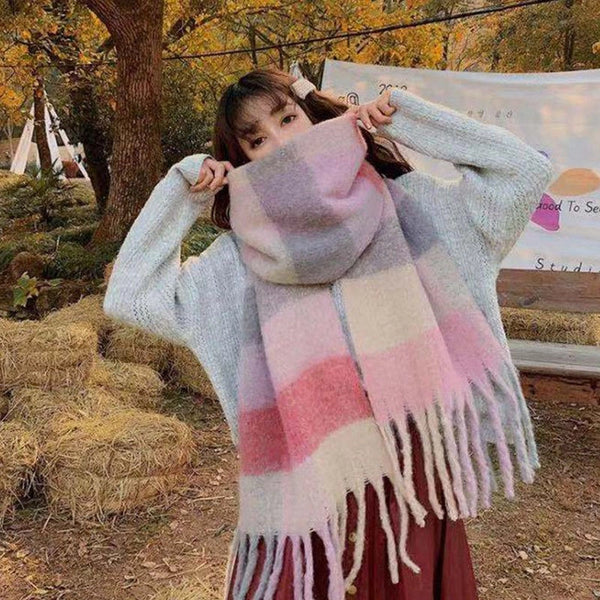 Rainbow Plaid Scarf Women's Autumn And Winter Thickened Mohair Student Couple Contrast Color Matching Thickened