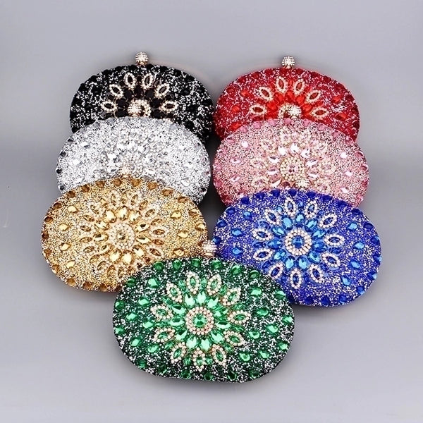 Red Green Blue Pu Leather Polyester Flower Rhinestone Oval Evening Bags