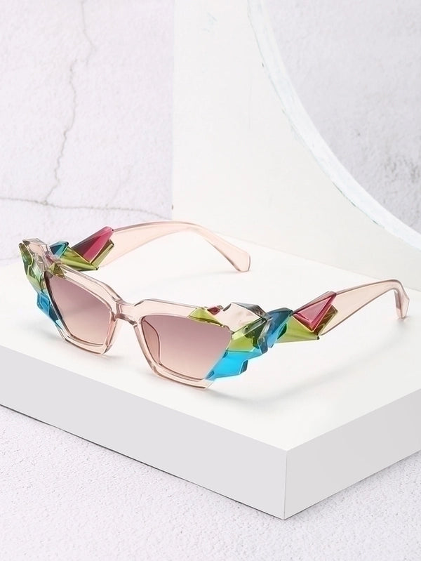 Retro Color Block Ac Cat Eye Rhinestone Full Frame Women's Sunglasses