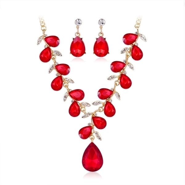 Retro Color Droplets Alloy Rhinestone Glass Earrings Necklace Set Wholesale