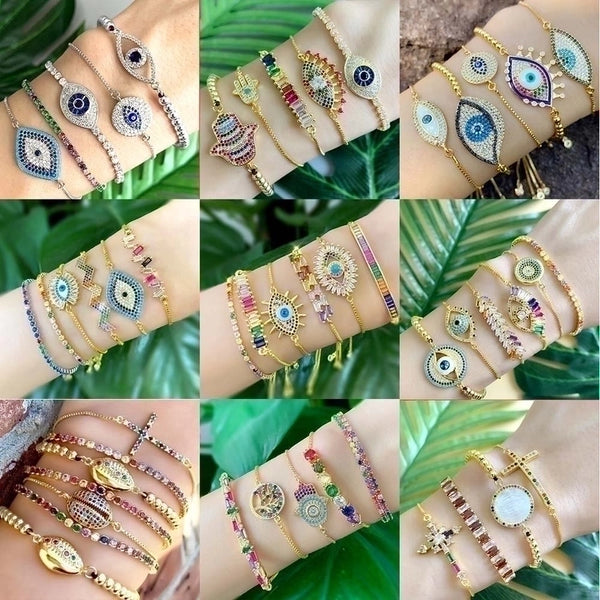 Retro Cross Rainbow Devil's Eye Copper Gold Plated Zircon Bracelets 1 Piece