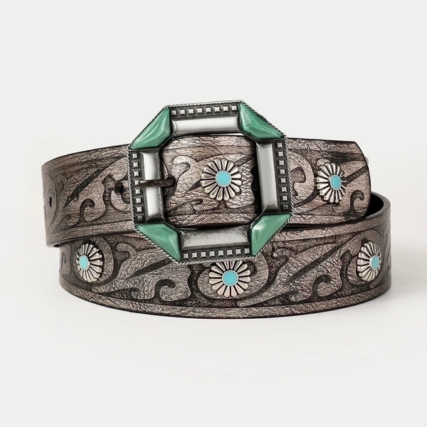 Retro Ethnic Style Geometric Pu Leather Inlay Turquoise Unisex Leather Belts