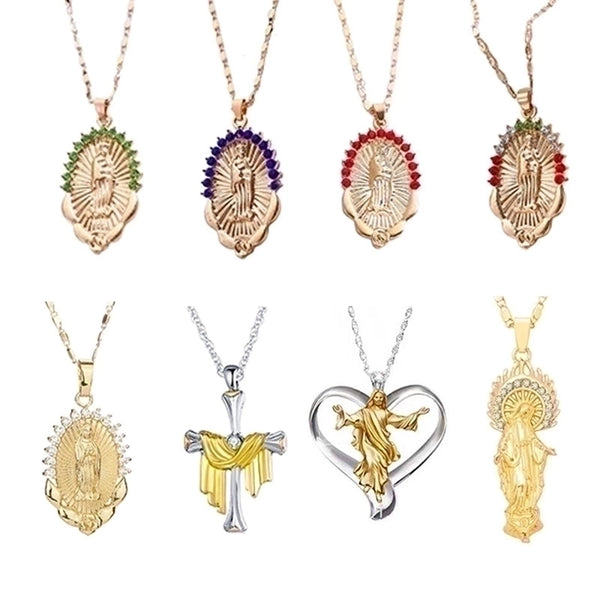 Retro Ethnic Style Virgin Mary Heart Shape Alloy Copper Rhinestones Pendant Necklace In Bulk