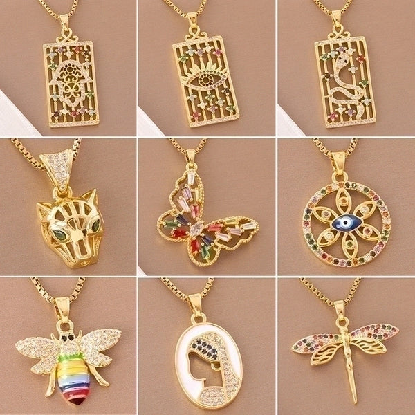 Stainless Steel Titanium Steel 18K Gold Plated Retro Lady Roman Style Enamel Plating Inlay Snake Bee Butterfly Zircon Pendant Necklace