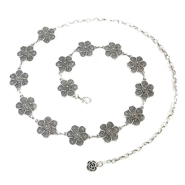 Retro New Fashion Elegant Antique Silver Carved Petal Waist Chain Ladies Retro Metal