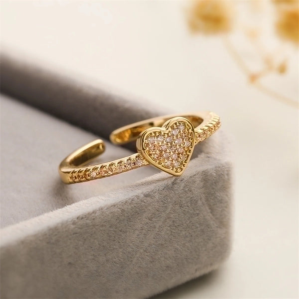 Retro Oval Waves Heart Shape Copper Gold Plated Zircon Open Rings In Bulk