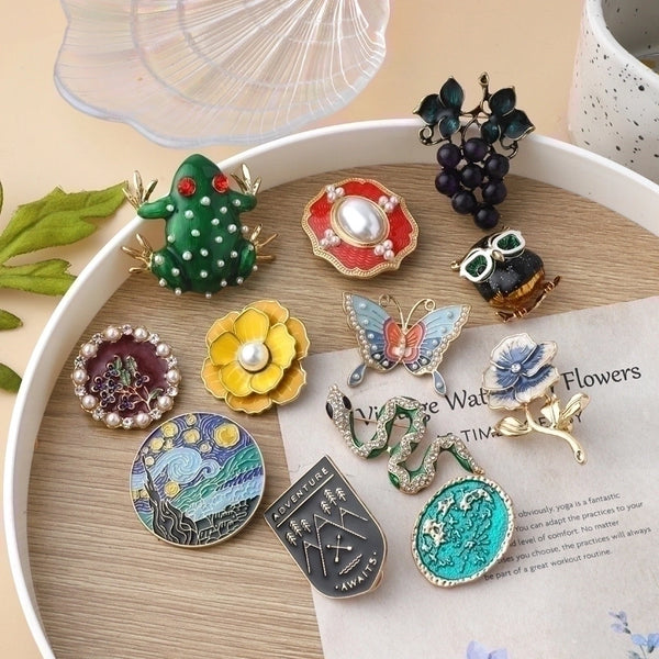 Retro Pin Flower Alloy Enamel Inlay Artificial Gemstones Pearl Women'S Brooches