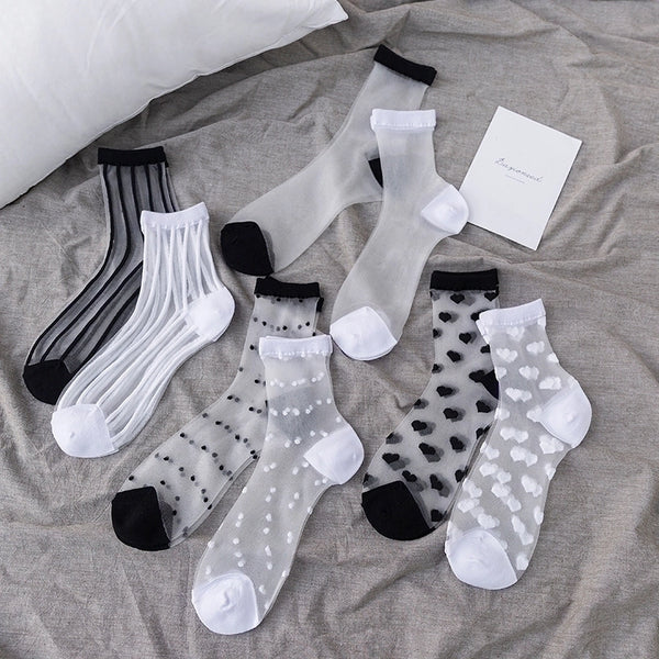 Retro Polka Dot Love Vertical Strips Glass Silk Card Silk Socks Women's Tube Socks Wholesale