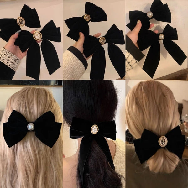 Retro  Style Black Velvet Bow Hairpin Women's Back Head Hair Clip High-grade Spring Clip Headdress