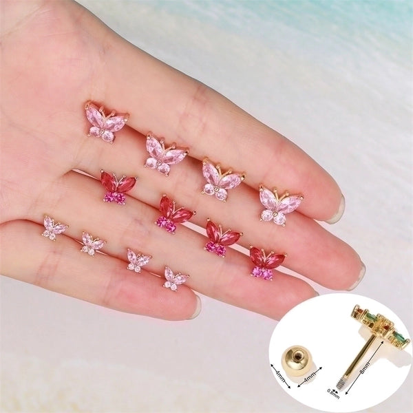 Romantic Red Butterfly Ear Bone Studs Pink Thread Ball Piercing Ear Studs