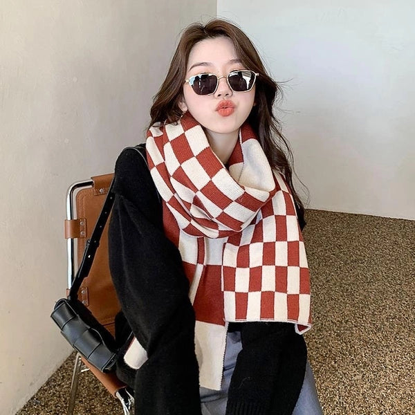 Scarf Women's Autumn And Winter Student's New Korean-style -style High-face Value Cute Chessboard Warm Knitted Scarf