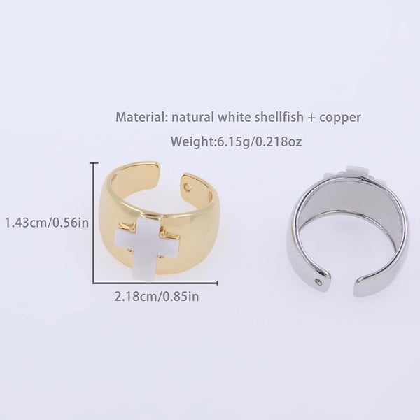 Shell Copper 18K Gold Plated White Gold Plated Minimalist Shiny Metallic Inlay Cross Shell Wide Band Rings Open Rings