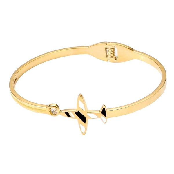 Minimalist Airplane Stainless Steel Enamel Plating Inlay Zircon 18k Gold Plated Bangle