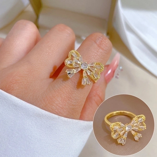 Brass Minimalist Plating Inlay Bow Knot Zircon Open Ring