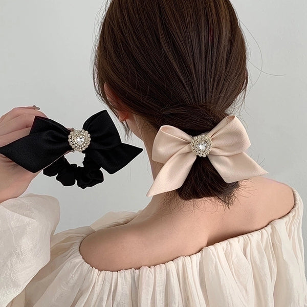 Simple Style Bow Knot Satin Inlay Rhinestones Hair Tie