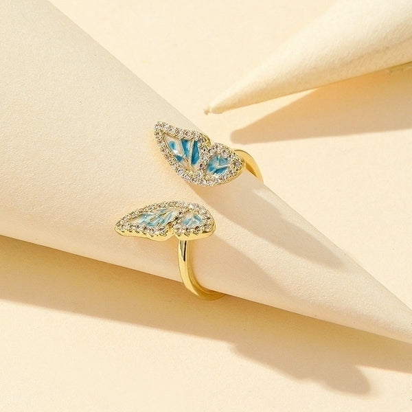 Minimalist Butterfly Copper Plating Inlay Zircon Gold Plated Open Rings