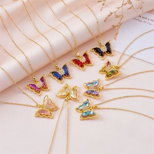 Simple Style Butterfly Stainless Steel Copper Artificial Diamond Crystal Glass Bead 18k Gold Plated Pendant Necklace