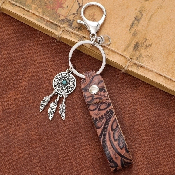 Simple Style Cactus Leaf Dreamcatcher Pu Leather Alloy Turquoise Bag Pendant Keychain