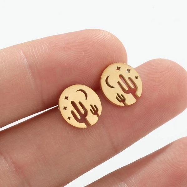 Simple Style Cactus Star Moon Stainless Steel Plating Hollow Out Ear Studs 1 Pair