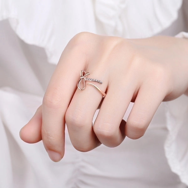 Minimalist Classic Style Bow Knot Copper Inlay Zircon Rings