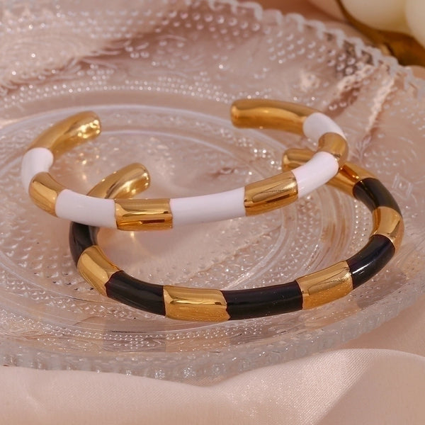 Simple Style Classic Style C Shape Color Block Stainless Steel Enamel Plating 18k Gold Plated Cuff Bracelets