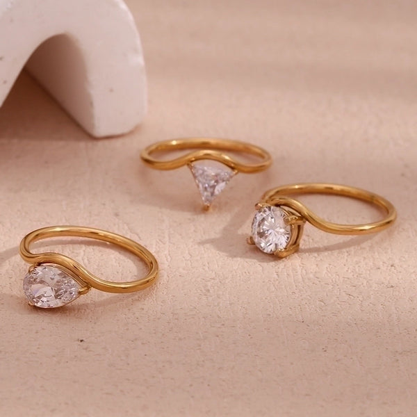 Simple Style Classic Style Triangle Round Water Droplets Stainless Steel Plating Inlay Zircon 18k Gold Plated Rings