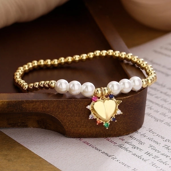 Minimalist Commute Heart Shape Copper Plating Inlay Artificial Pearls Zircon 18k Gold Plated Bracelets