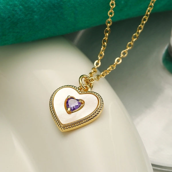 Minimalist Commute Heart Shape Copper Plating Inlay Shell Zircon 18k Gold Plated Pendant Necklace