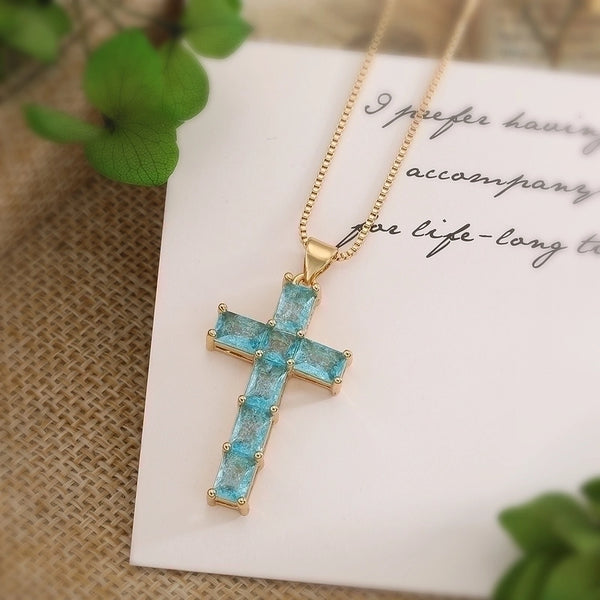 Minimalist Cross Copper 18k Gold Plated Zircon Pendant Necklace In Bulk