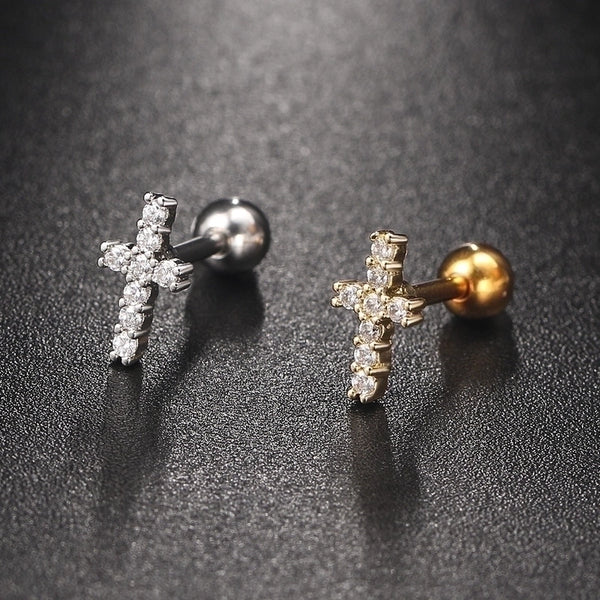 Minimalist Cross Round Flower Copper Plating Inlay Zircon Ear Studs 1 Piece