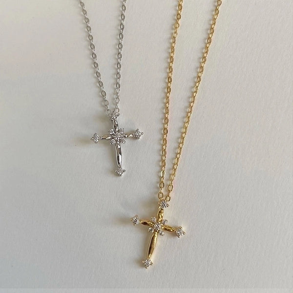 Simple Style Cross Titanium Steel Copper Zircon Pendant Necklace In Bulk