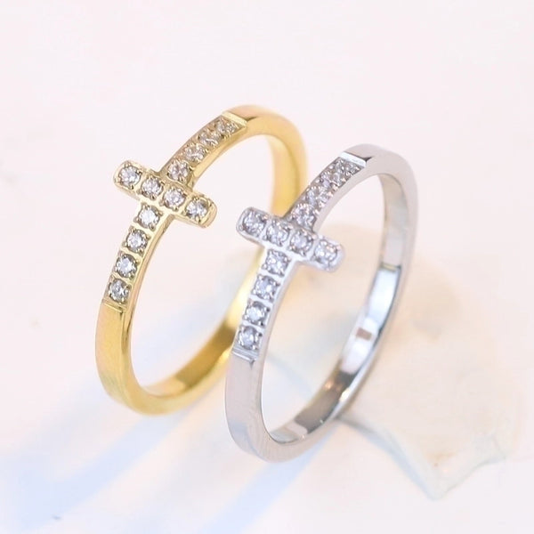 Simple Style Cross Titanium Steel Inlay Rhinestones Rings 1 Piece