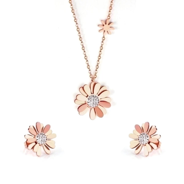 Minimalist Flower Stainless Steel Inlay Zircon Earrings Necklace 1 Set