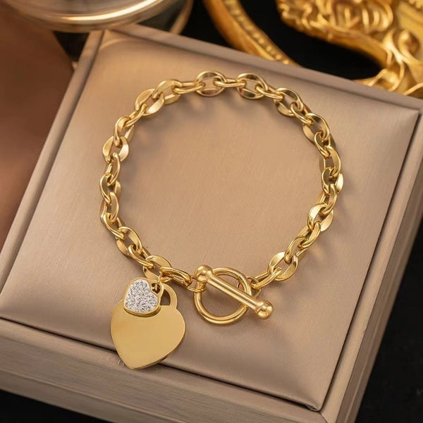 Minimalist Heart Shape 304 Stainless Steel 18K Gold Plated Artificial Rhinestones Bracelets In Bulk