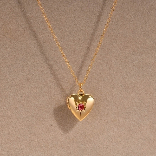 Minimalist Heart Shape Copper Inlay Zircon 18k Gold Plated Locket Necklace