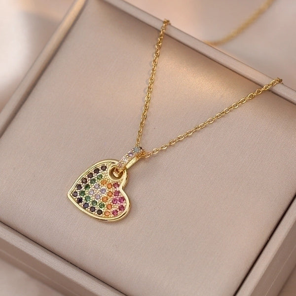 Simple Style Heart Shape Titanium Steel Zircon Pendant Necklace In Bulk