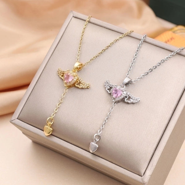 Simple Style Heart Shape Wings Titanium Steel Inlay Rhinestones Necklace 1 Piece