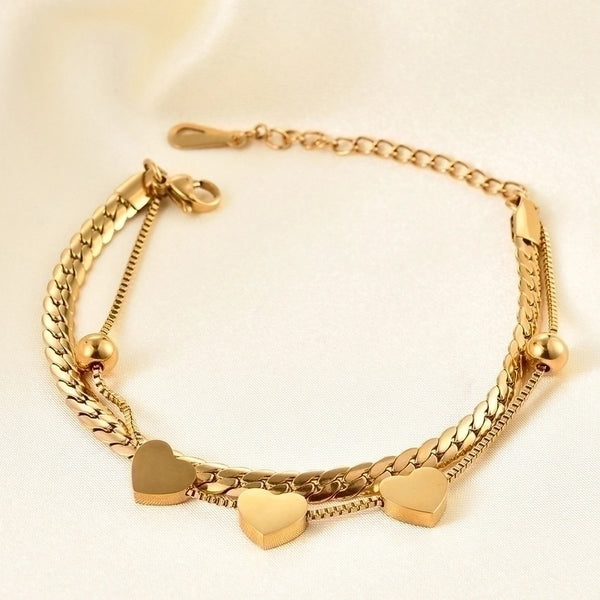 Simple Style Heart-shaped Stitching Chian Titanium Steel Double Layer Bracelet