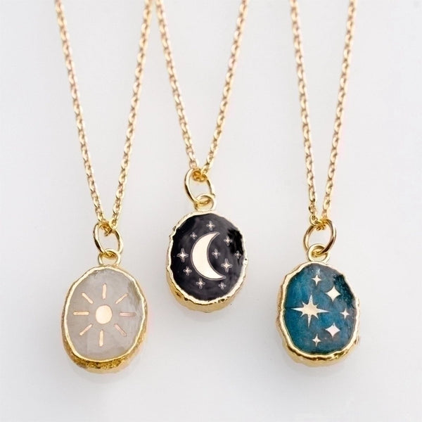 Simple Style Korean Style Star Moon Stainless Steel Enamel Plating Inlay Zircon 18k Gold Plated Pendant Necklace