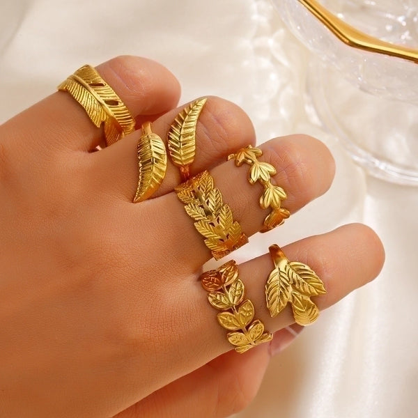 304 Stainless Steel 18K Gold Plated Minimalist Plating Leaf Open Ring