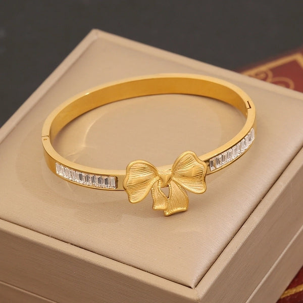 Minimalist Leaves Flower Bow Knot 304 Stainless Steel 18K Gold Plated Zircon Bangle In Bulk