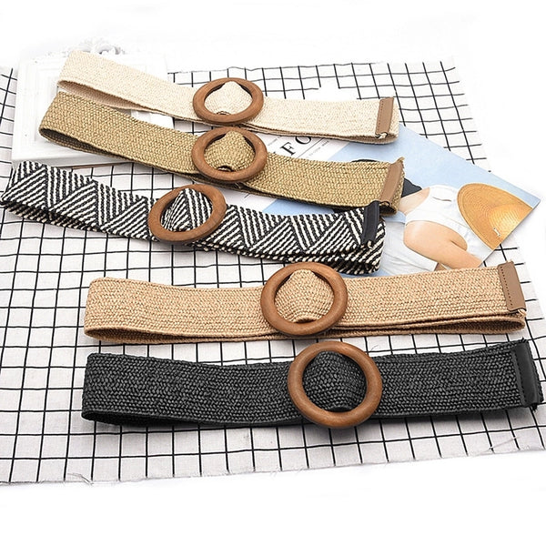 Minimalist Square Imitation Leather Wooden Buckle Woven Belt Women's Leather Belts