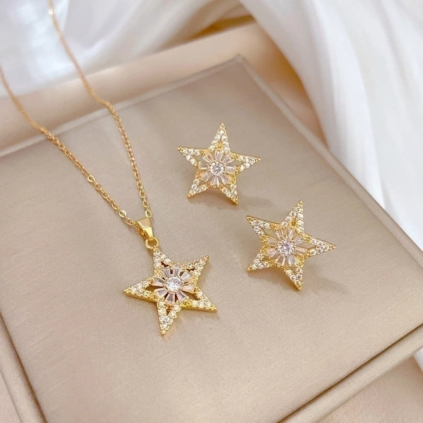 Simple Style Star Titanium Steel Copper Plating Inlay Artificial Gemstones Gold Plated Earrings Necklace