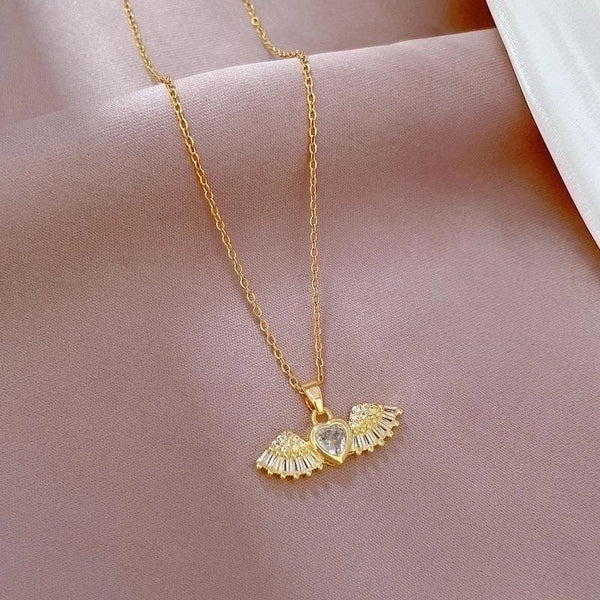 Stainless Steel Copper Lady Elegant Inlay Heart Shape Angel Wings Zircon Pendant Necklace