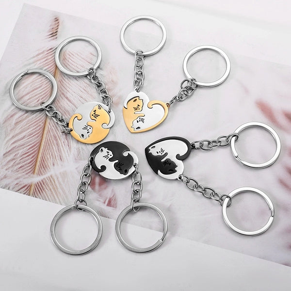 Stainless Steel Love Kitten Keychain Couple Splicing Cat Yin And Yang Key Chain Car Pendant Key Ring