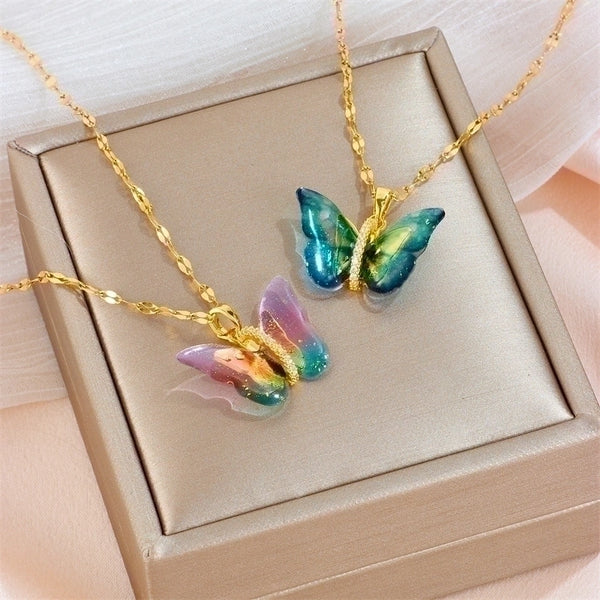 Sweet Butterfly Titanium Steel Artificial Gemstones Pendant Necklace In Bulk