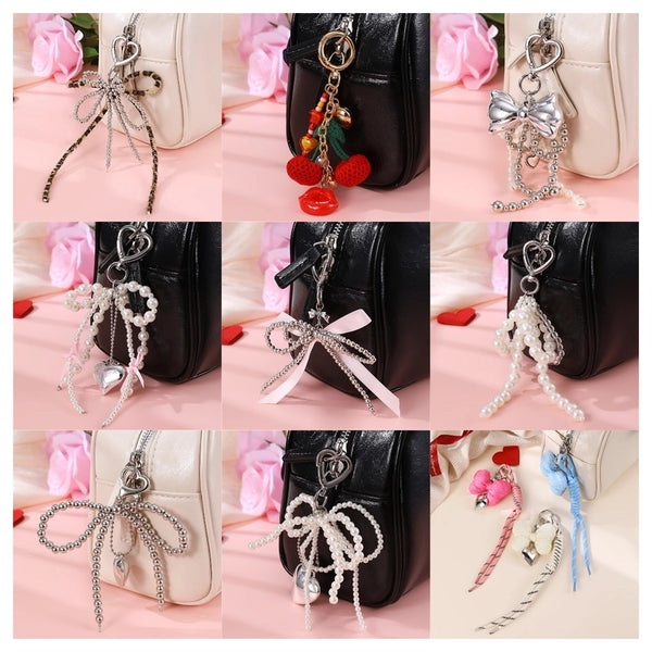 Sweet Cherry Heart Shape Bow Knot Artificial Pearl Alloy Polyester Bag Pendant Keychain