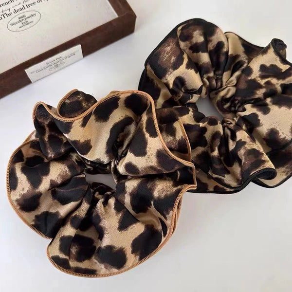 Sweet Cool Hot Girl Double-Layer Leopard Print Large Intestine Hair Band Retro Temperament Low Ponytail Hair String High Sense Headdress Flower Hair Rope