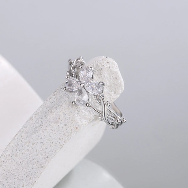 Sweet Flower Copper Plating Inlay Zircon Open Rings