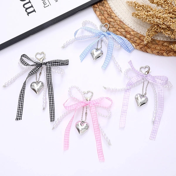 Sweet Heart Shape Bow Knot Arylic Cloth Zinc Alloy Pearl Bag Pendant Mobile Phone Chain Keychain